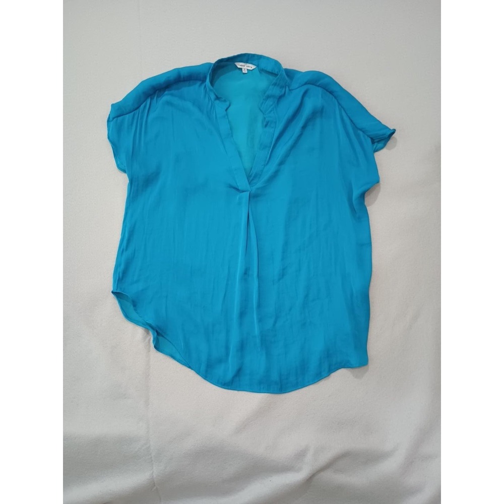 Naked Zebra Blue Split V-Neck Short Sleeve Blouse Top Large